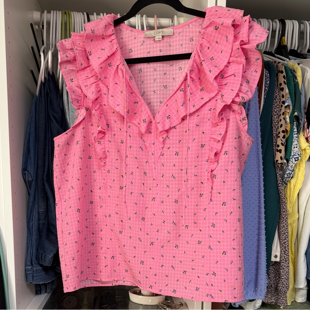 LOFT Vibrant Pink Ruffle Blouse